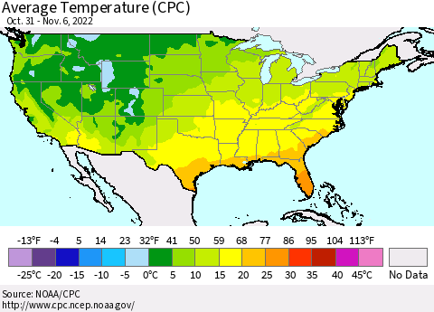 United States Average Temperature (CPC) Thematic Map For 10/31/2022 - 11/6/2022