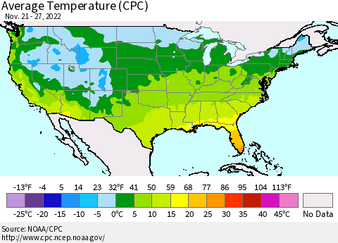 United States Average Temperature (CPC) Thematic Map For 11/21/2022 - 11/27/2022