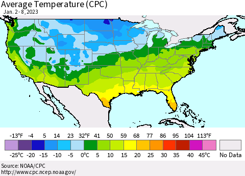 United States Average Temperature (CPC) Thematic Map For 1/2/2023 - 1/8/2023