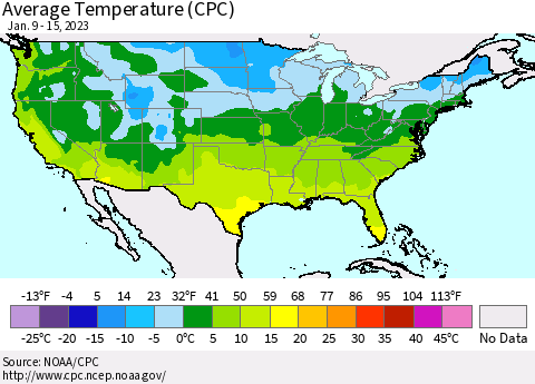 United States Average Temperature (CPC) Thematic Map For 1/9/2023 - 1/15/2023