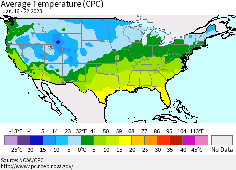 United States Average Temperature (CPC) Thematic Map For 1/16/2023 - 1/22/2023