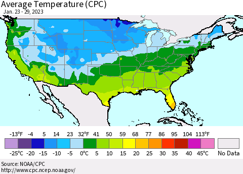 United States Average Temperature (CPC) Thematic Map For 1/23/2023 - 1/29/2023