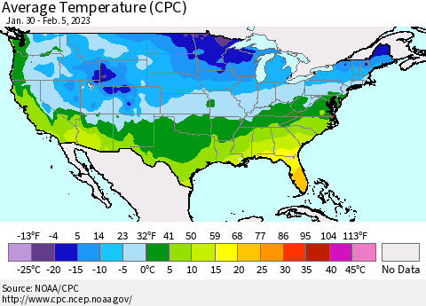 United States Average Temperature (CPC) Thematic Map For 1/30/2023 - 2/5/2023