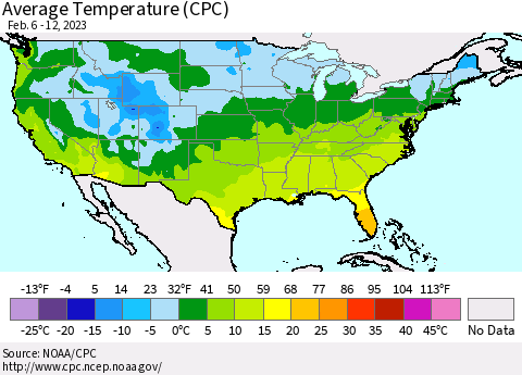 United States Average Temperature (CPC) Thematic Map For 2/6/2023 - 2/12/2023
