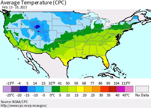 United States Average Temperature (CPC) Thematic Map For 2/13/2023 - 2/19/2023