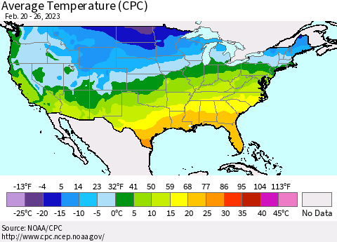 United States Average Temperature (CPC) Thematic Map For 2/20/2023 - 2/26/2023