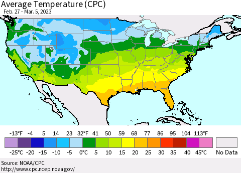 United States Average Temperature (CPC) Thematic Map For 2/27/2023 - 3/5/2023