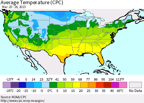 United States Average Temperature (CPC) Thematic Map For 3/20/2023 - 3/26/2023