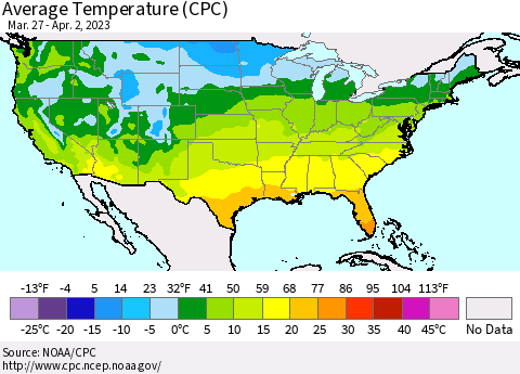 United States Average Temperature (CPC) Thematic Map For 3/27/2023 - 4/2/2023