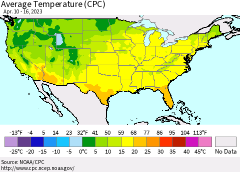 United States Average Temperature (CPC) Thematic Map For 4/10/2023 - 4/16/2023
