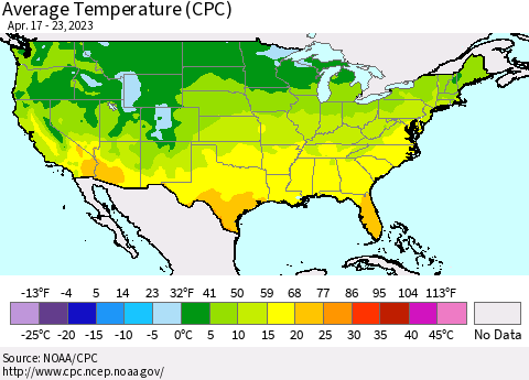 United States Average Temperature (CPC) Thematic Map For 4/17/2023 - 4/23/2023