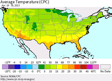 United States Average Temperature (CPC) Thematic Map For 4/24/2023 - 4/30/2023