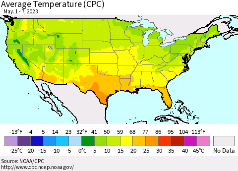 United States Average Temperature (CPC) Thematic Map For 5/1/2023 - 5/7/2023