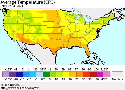 United States Average Temperature (CPC) Thematic Map For 5/22/2023 - 5/28/2023