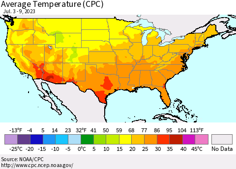 United States Average Temperature (CPC) Thematic Map For 7/3/2023 - 7/9/2023