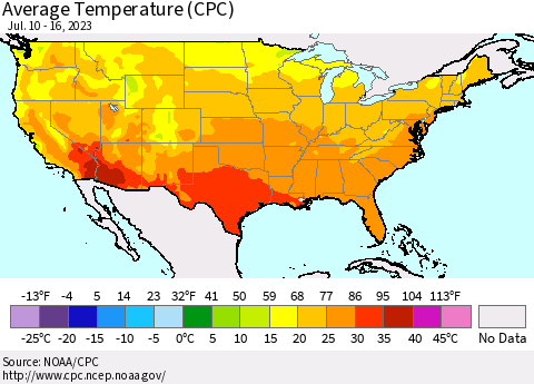United States Average Temperature (CPC) Thematic Map For 7/10/2023 - 7/16/2023