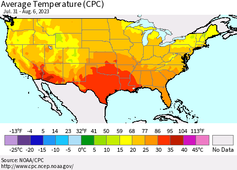 United States Average Temperature (CPC) Thematic Map For 7/31/2023 - 8/6/2023