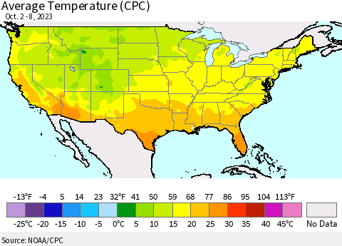 United States Average Temperature (CPC) Thematic Map For 10/2/2023 - 10/8/2023