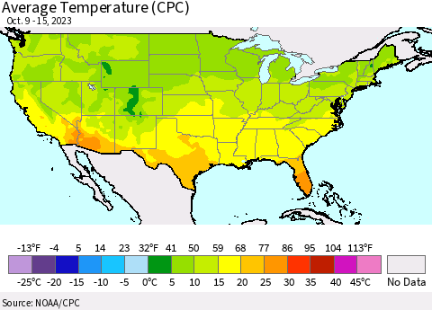 United States Average Temperature (CPC) Thematic Map For 10/9/2023 - 10/15/2023