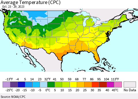 United States Average Temperature (CPC) Thematic Map For 10/23/2023 - 10/29/2023