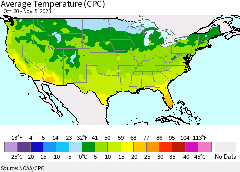 United States Average Temperature (CPC) Thematic Map For 10/30/2023 - 11/5/2023