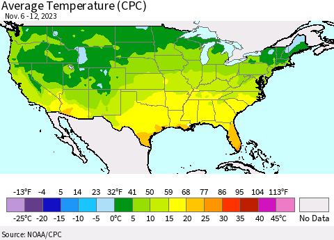 United States Average Temperature (CPC) Thematic Map For 11/6/2023 - 11/12/2023