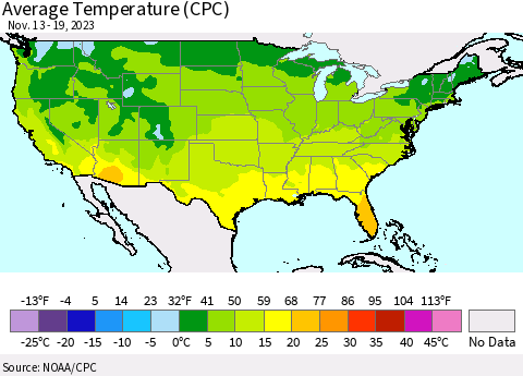 United States Average Temperature (CPC) Thematic Map For 11/13/2023 - 11/19/2023