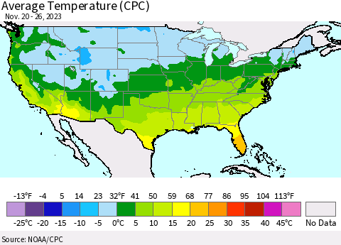United States Average Temperature (CPC) Thematic Map For 11/20/2023 - 11/26/2023