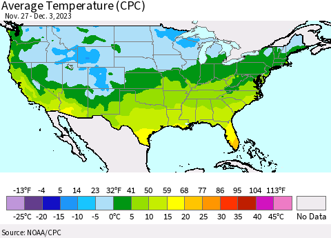 United States Average Temperature (CPC) Thematic Map For 11/27/2023 - 12/3/2023
