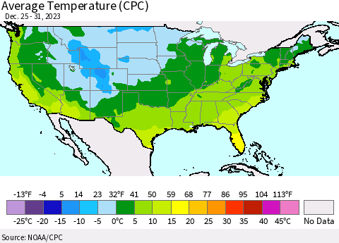 United States Average Temperature (CPC) Thematic Map For 12/25/2023 - 12/31/2023
