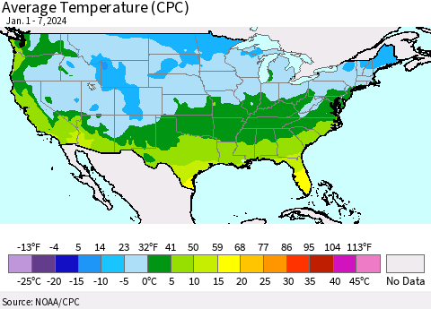 United States Average Temperature (CPC) Thematic Map For 1/1/2024 - 1/7/2024
