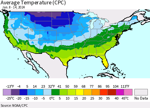 United States Average Temperature (CPC) Thematic Map For 1/8/2024 - 1/14/2024