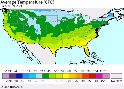 United States Average Temperature (CPC) Thematic Map For 1/22/2024 - 1/28/2024