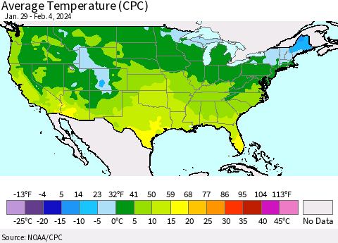 United States Average Temperature (CPC) Thematic Map For 1/29/2024 - 2/4/2024