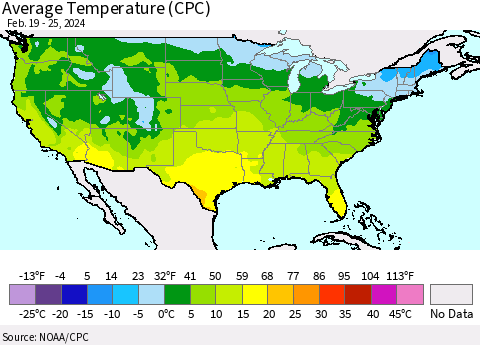 United States Average Temperature (CPC) Thematic Map For 2/19/2024 - 2/25/2024