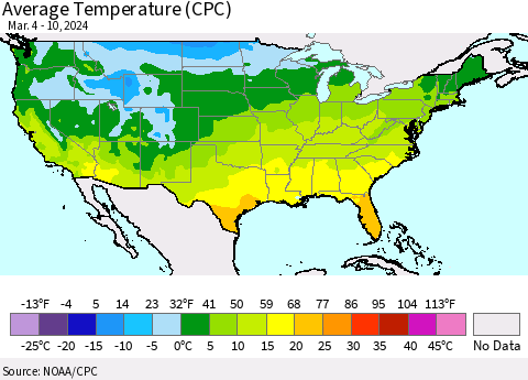 United States Average Temperature (CPC) Thematic Map For 3/4/2024 - 3/10/2024