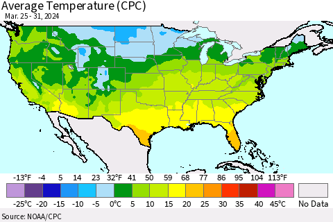 United States Average Temperature (CPC) Thematic Map For 3/25/2024 - 3/31/2024