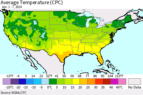United States Average Temperature (CPC) Thematic Map For 4/1/2024 - 4/7/2024