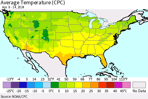 United States Average Temperature (CPC) Thematic Map For 4/8/2024 - 4/14/2024