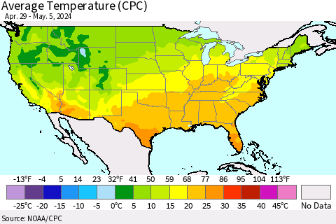 United States Average Temperature (CPC) Thematic Map For 4/29/2024 - 5/5/2024