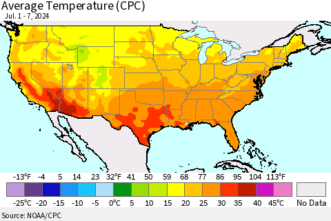 United States Average Temperature (CPC) Thematic Map For 7/1/2024 - 7/7/2024