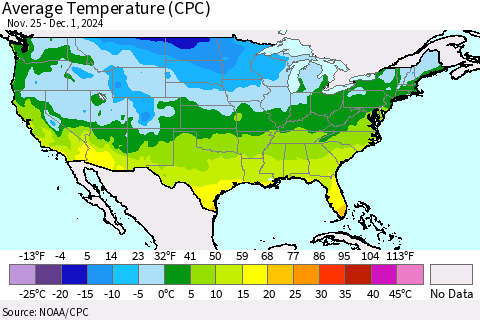 United States Average Temperature (CPC) Thematic Map For 11/25/2024 - 12/1/2024