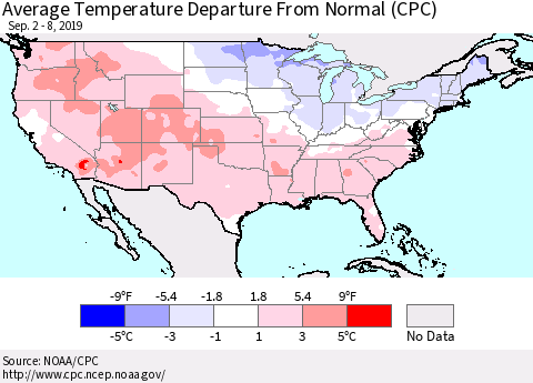 United States Average Temperature Departure From Normal (CPC) Thematic Map For 9/2/2019 - 9/8/2019