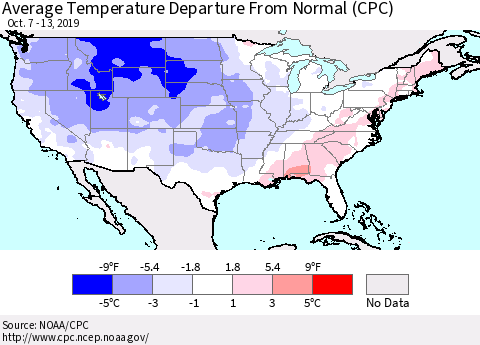 United States Average Temperature Departure From Normal (CPC) Thematic Map For 10/7/2019 - 10/13/2019