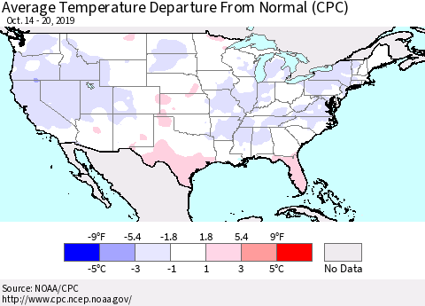 United States Average Temperature Departure From Normal (CPC) Thematic Map For 10/14/2019 - 10/20/2019
