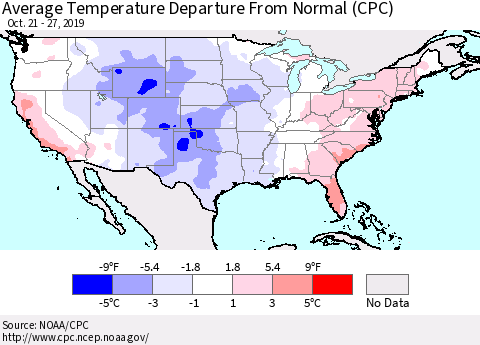 United States Average Temperature Departure from Normal (CPC) Thematic Map For 10/21/2019 - 10/27/2019
