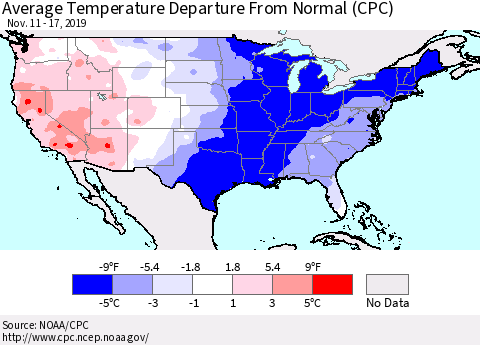 United States Average Temperature Departure from Normal (CPC) Thematic Map For 11/11/2019 - 11/17/2019
