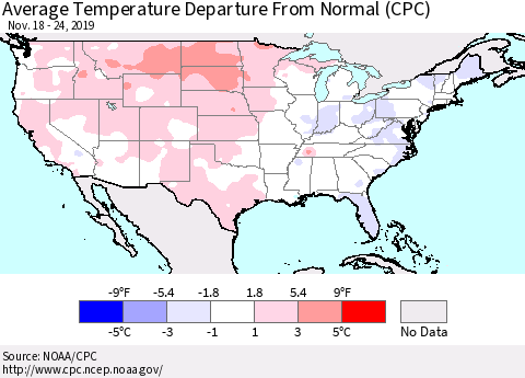 United States Average Temperature Departure From Normal (CPC) Thematic Map For 11/18/2019 - 11/24/2019
