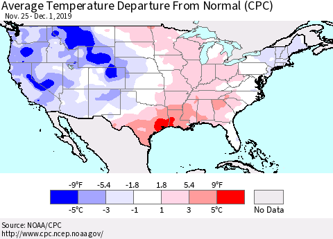 United States Average Temperature Departure From Normal (CPC) Thematic Map For 11/25/2019 - 12/1/2019