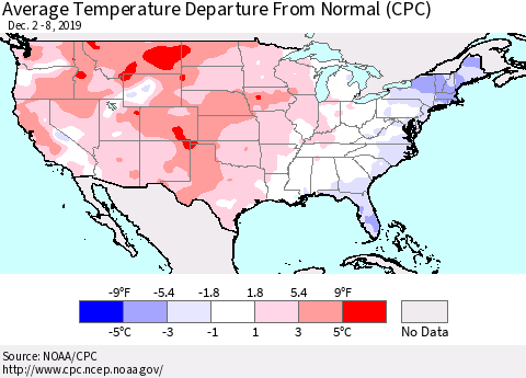 United States Average Temperature Departure from Normal (CPC) Thematic Map For 12/2/2019 - 12/8/2019